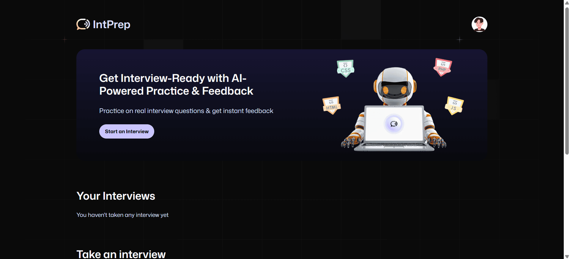 AI Mock Interview application showing an interactive interview session and candidate feedback